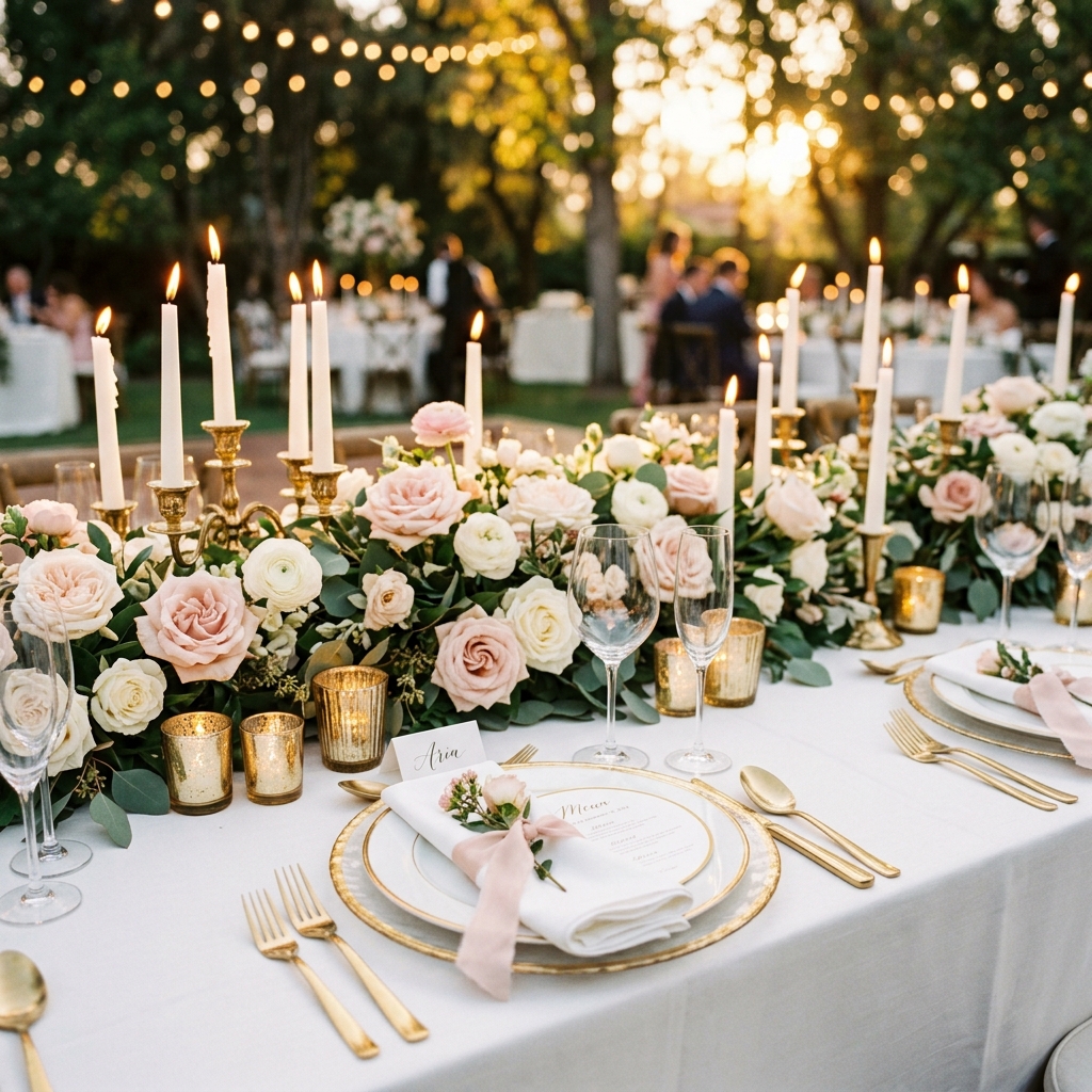 Candlelit reception table with gold detailing and seasonal flowers at dusk