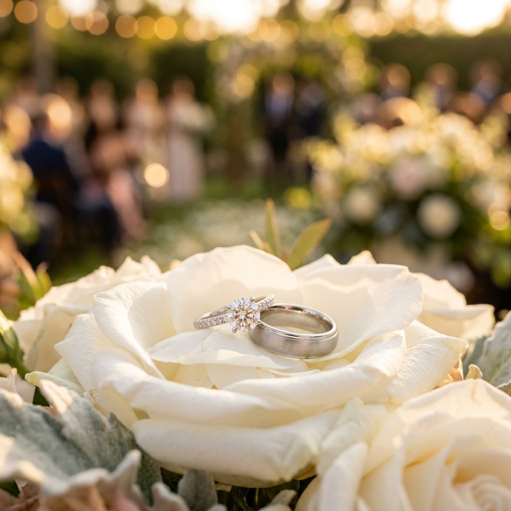Two wedding rings resting upon a white rose, the ceremony soft behind